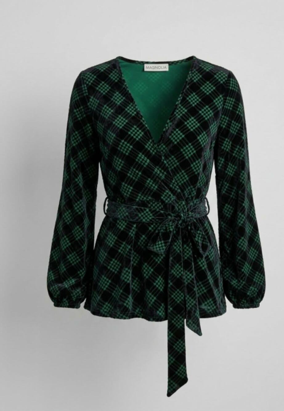 Magnolia HoundstoothBurnout Velvet Wrap Blouse Green Black Whimsigoth 90s Grunge